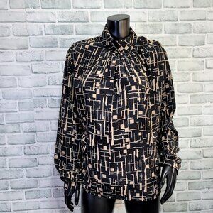 Vintage Lucia L Blouse High Drape Neck Shoulder Button Tan Black Geo Pattern Top